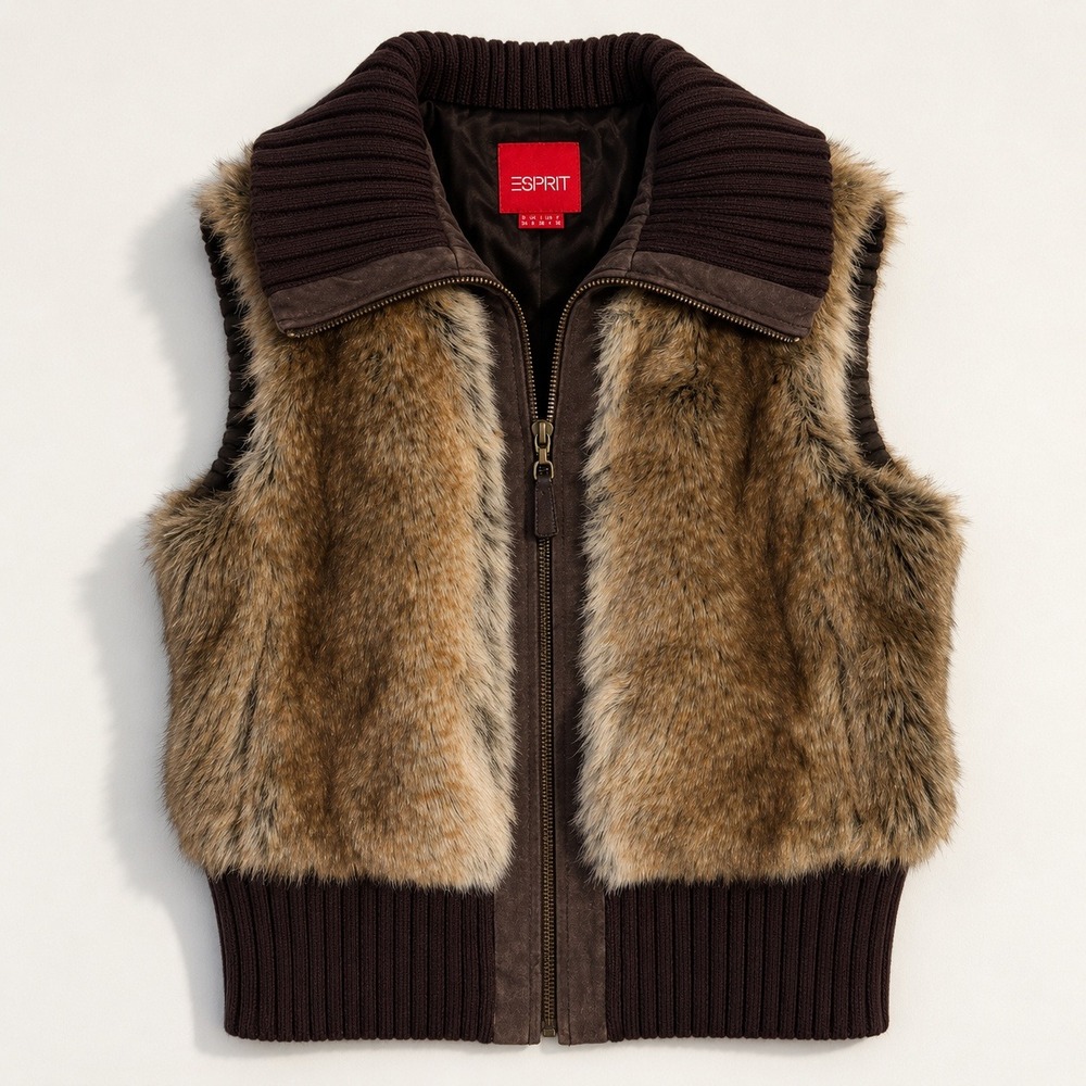 y2k Esprit Brown Faux Fur Vest Ribbed Knit Trim Full Zip XS Grunge Indie Sleeze